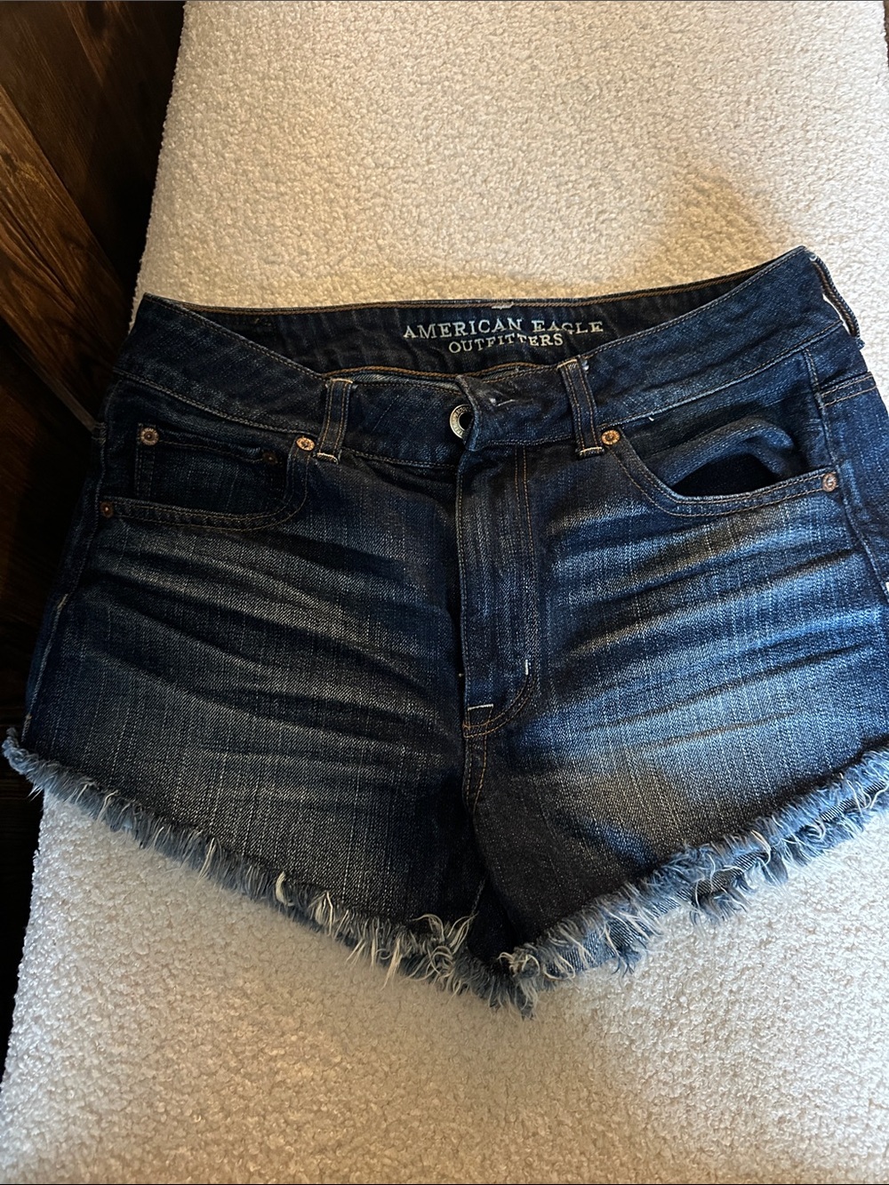 American Eagle Outfitters Dark Blue Frayed Hem Jean Shorts